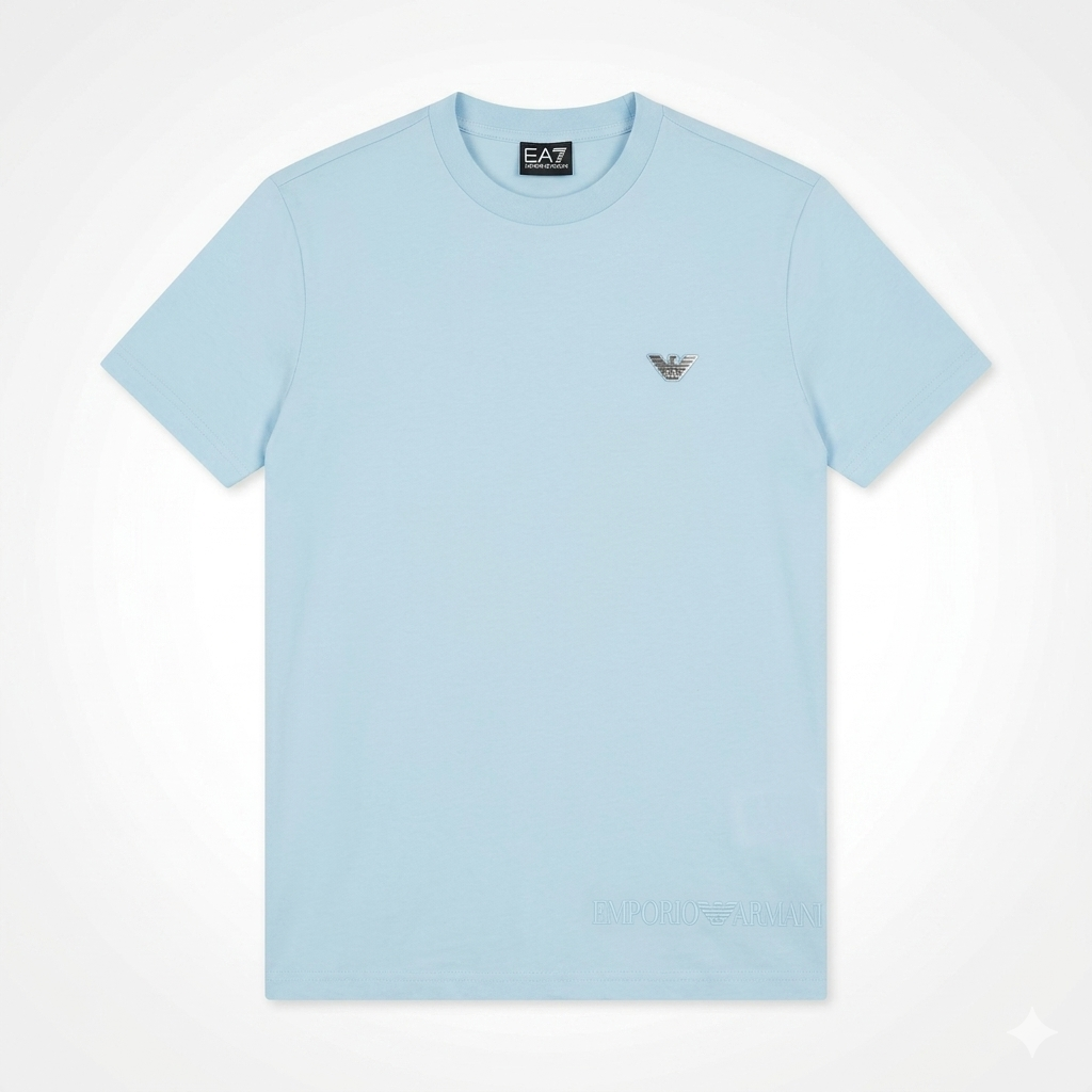 Tricou Bărbați Albastru Deschis din Bumbac Premium cu Detalii de Branding Metalice și Brodate