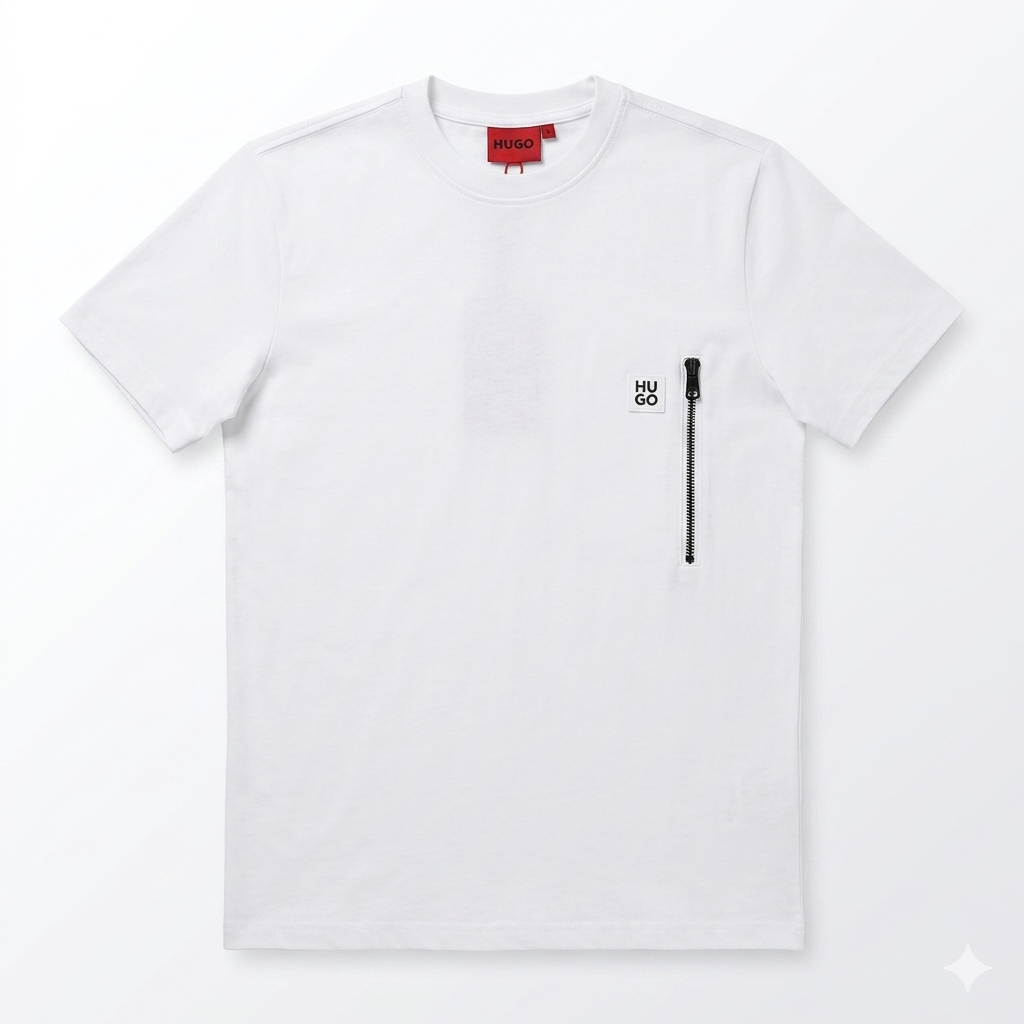 Tricou Alb Premium din Bumbac cu Fermoar Vertical și Detaliu Logo Minimalist – Stil Urban Modern