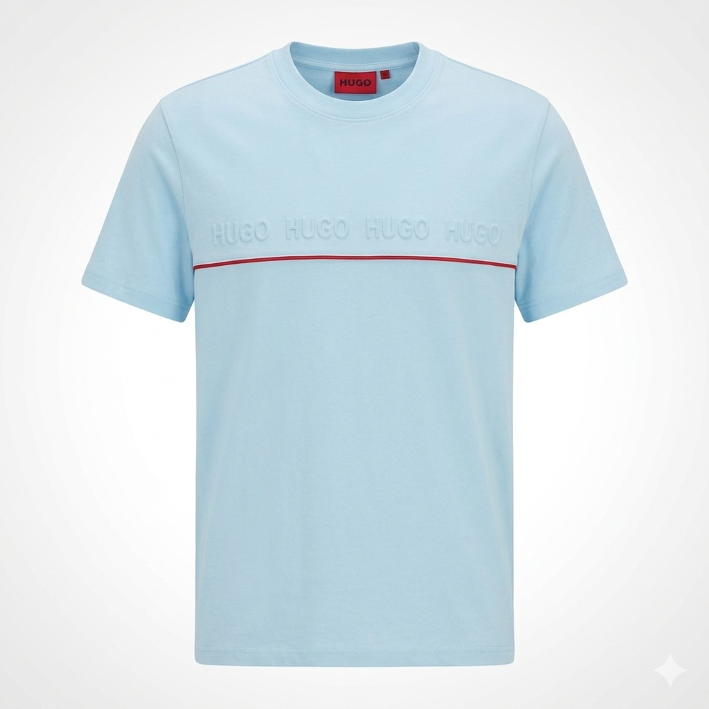 Tricou Bărbați Albastru Pastel din Bumbac cu Logo în Relief și Detaliu Liniar Contrastant