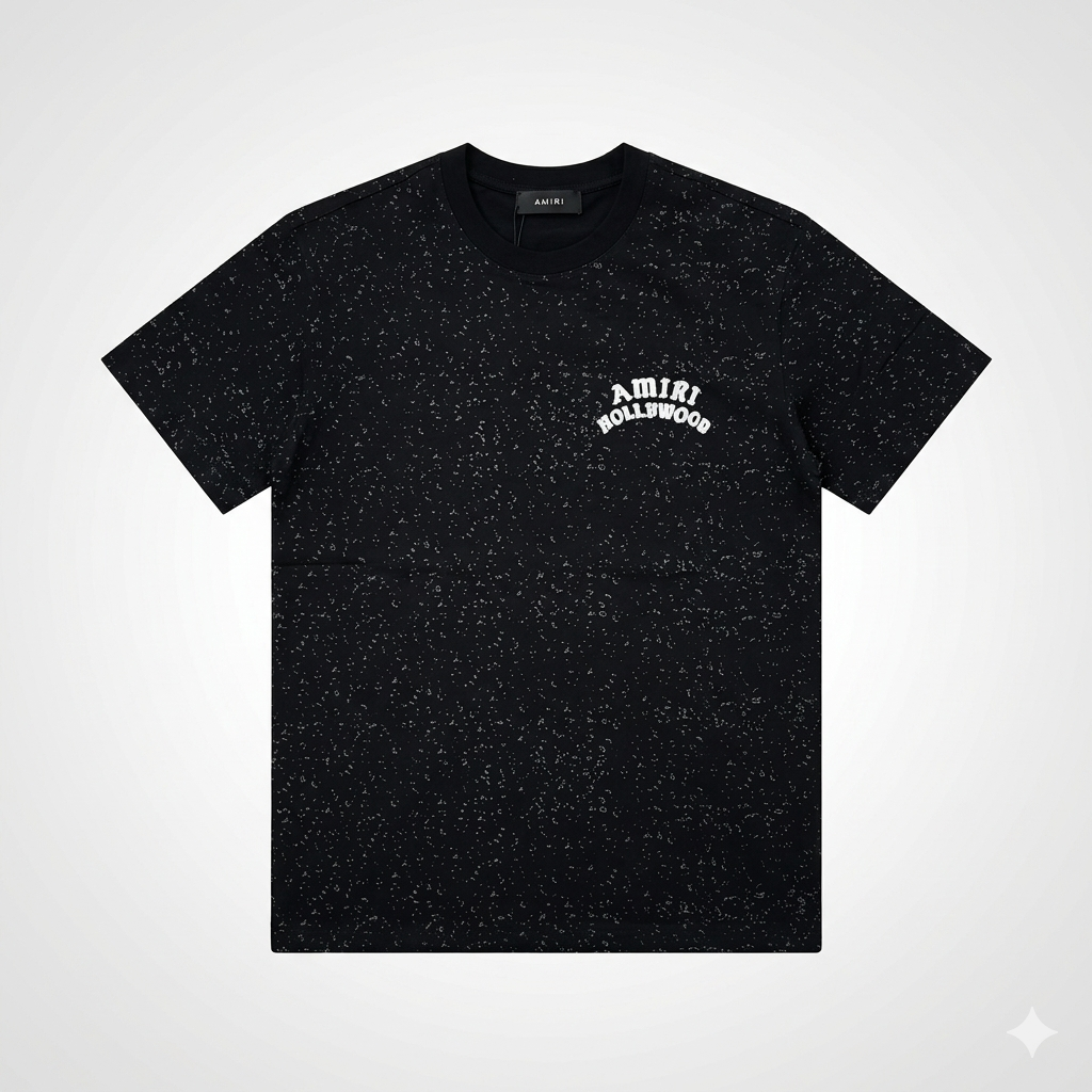 Tricou Premium Negru cu Efect "Galaxy" și Imprimeu Text Arcuite – Stil Urban de Lux
