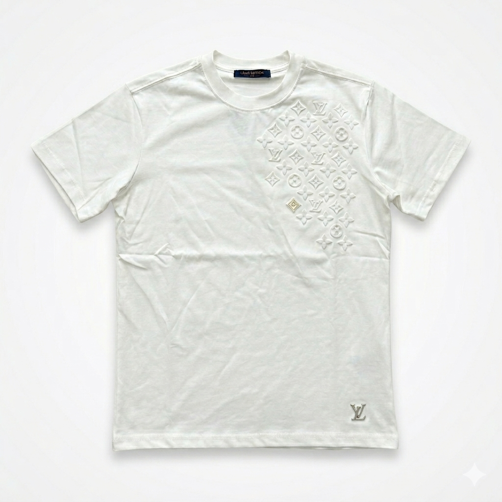 Tricou Alb Premium din Bumbac cu Broderie Texturată în Relief și Detalii Metalice Fine
