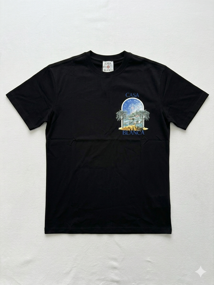 Tricou Negru Premium din Bumbac cu Imprimeu Grafic Tropical și Detalii Ilustrate – Stil Vacation Vibes