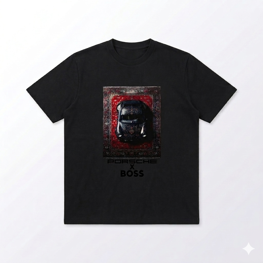 Tricou Negru Premium cu Imprimeu Grafic Auto și Covor Tradițional